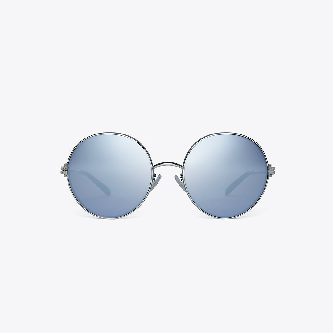 Tory Burch Eleanor Metal Round Sunglasses In Shiny Silver/dark Blue Mirror