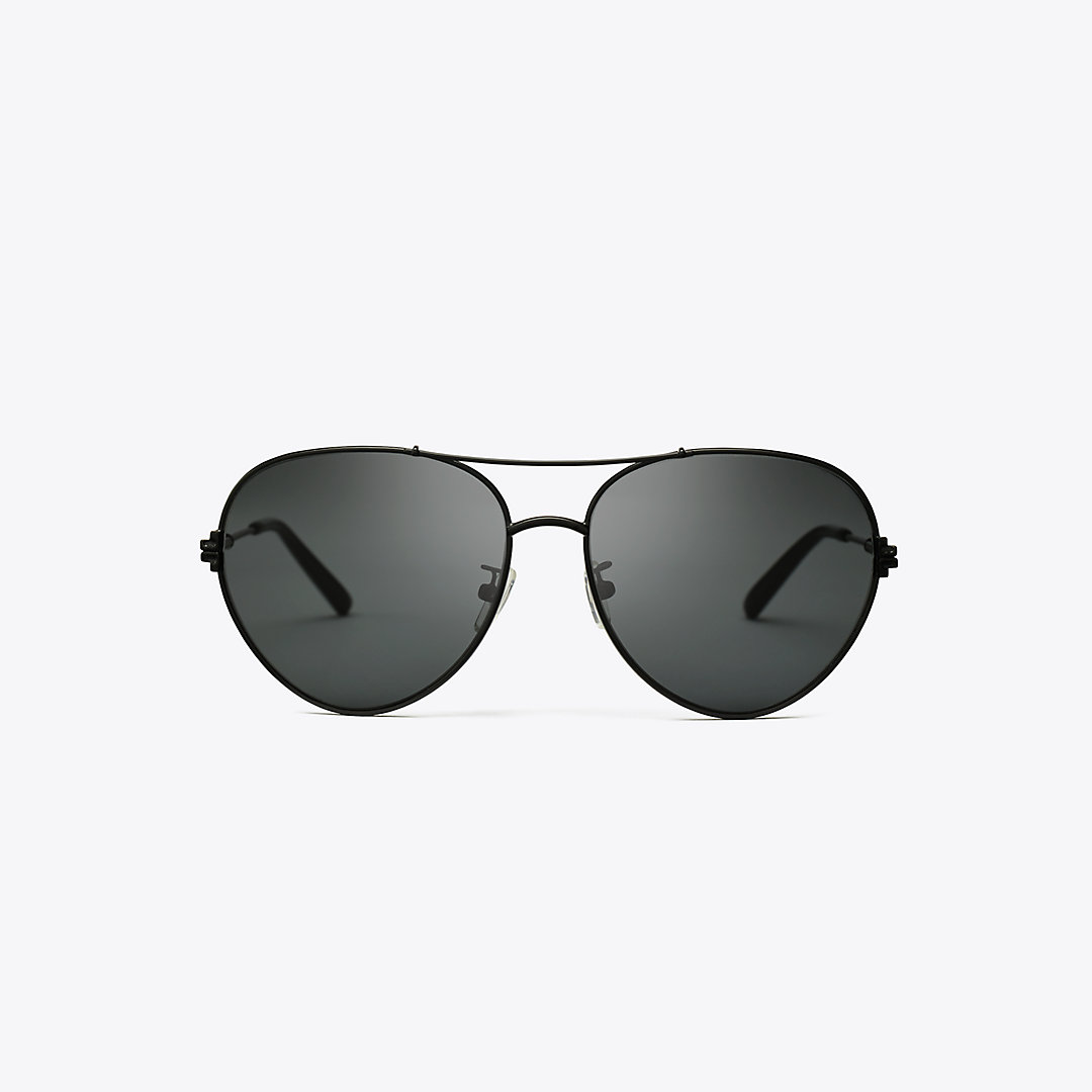 Tory Burch Eleanor Metal Pilot Sunglasses In Black/solid Grey