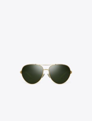 Tory Burch Eleanor Metal Pilot Sunglasses In Shiny Silver/green Flash Yellow