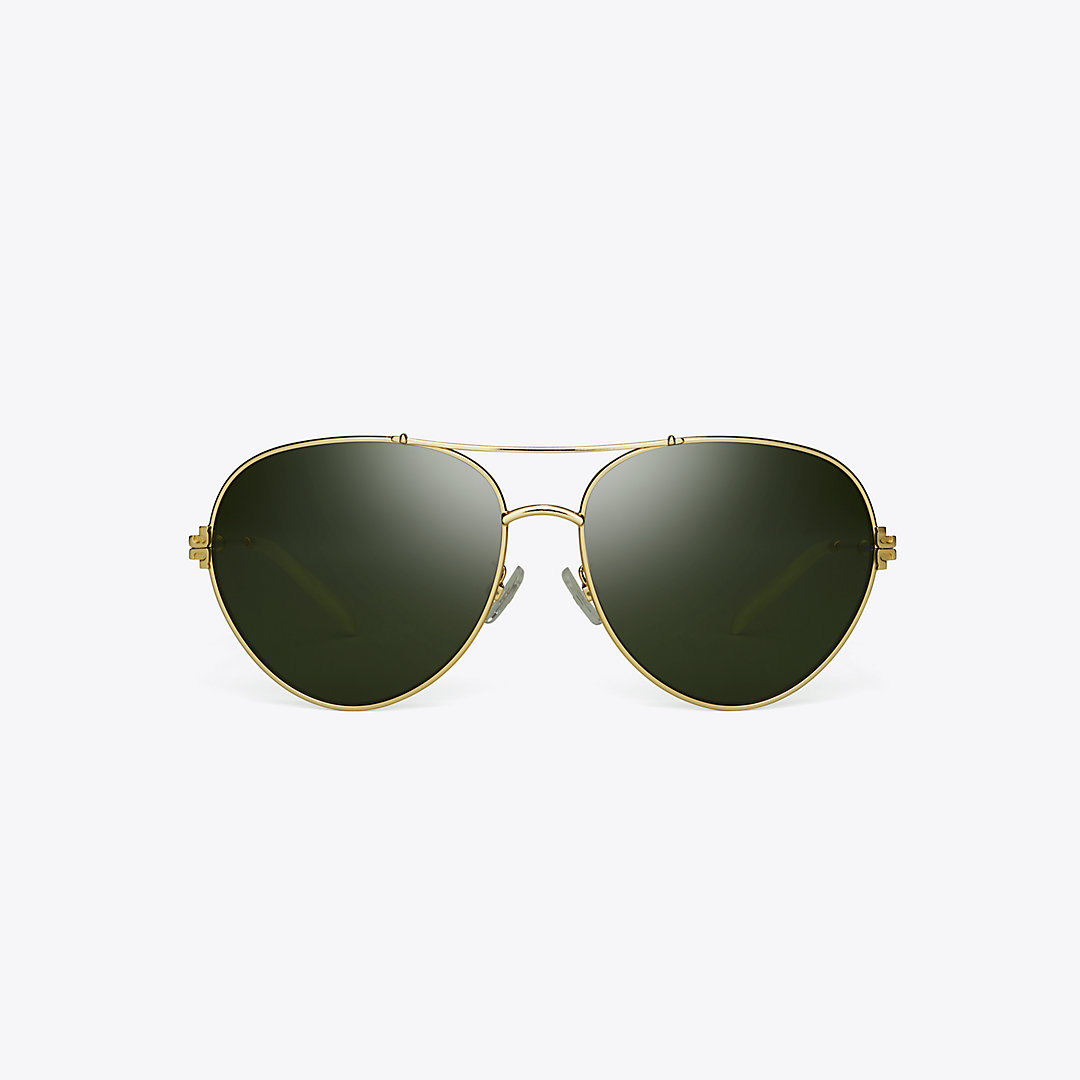 Tory Burch Eleanor Metal Pilot Sunglasses In Shiny Silver/green Flash Yellow