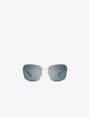 Tory Burch Eleanor Rectangle Sunglasses In Shiny Light Gold/dark Grey