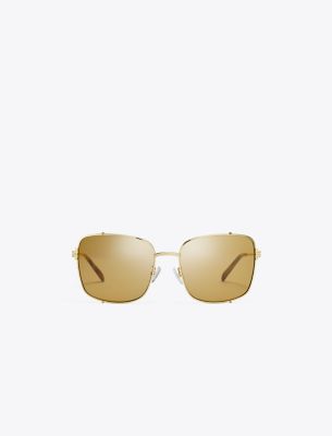 Tory Burch Eleanor Rectangle Sunglasses In Shiny Gold/ochre