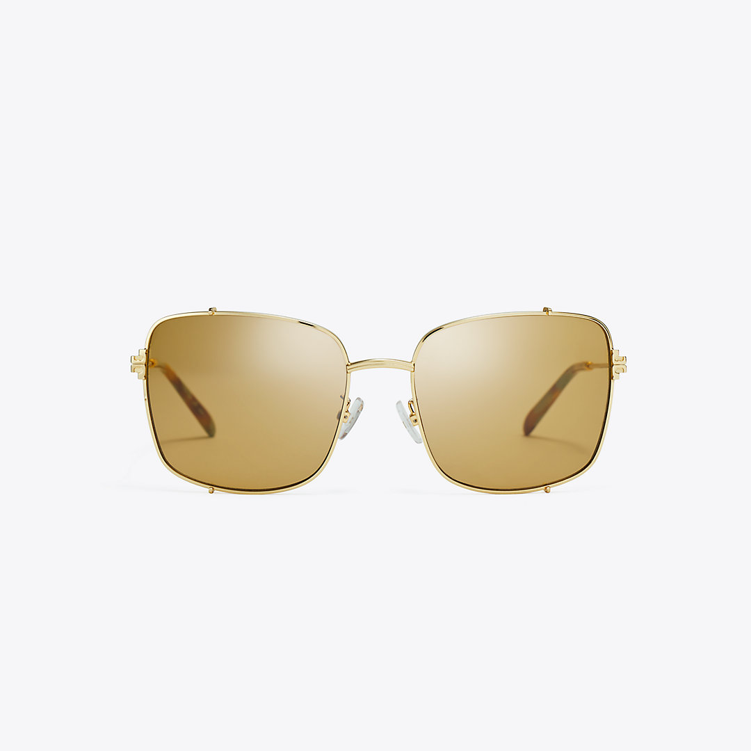 Tory Burch Eleanor Rectangle Sunglasses In Shiny Gold/ochre