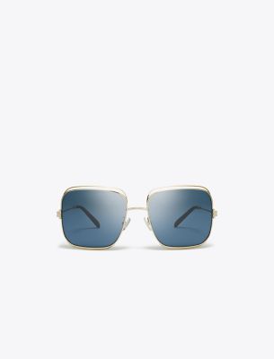 Tory Burch Eleanor Oversized Metal Square Sunglasses In Shiny Light Gold/dark Blue