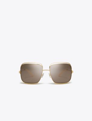 Shop Tory Burch Eleanor Oversized Metal Square Sunglasses In Shiny Gold/light Purple Brown Mirror