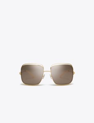 Tory Burch Eleanor Oversized Metal Square Sunglasses In Shiny Gold/light Purple Brown Mirror