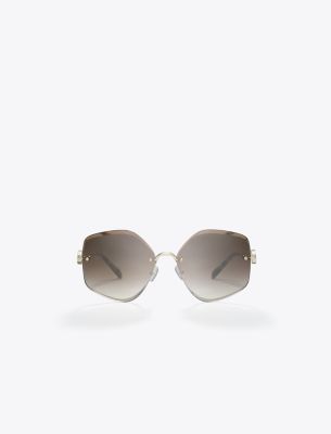 Shop Tory Burch Miller Metal Geometric Sunglasses In Shiny Light Gold/brown Gradient