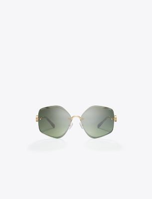 Tory Burch Miller Metal Geometric Sunglasses In Shiny Gold/dark Green