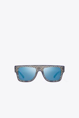 Tory Burch Oversized Geometric Sunglasses In Grey Horn W/navy Piping/navy Mirror