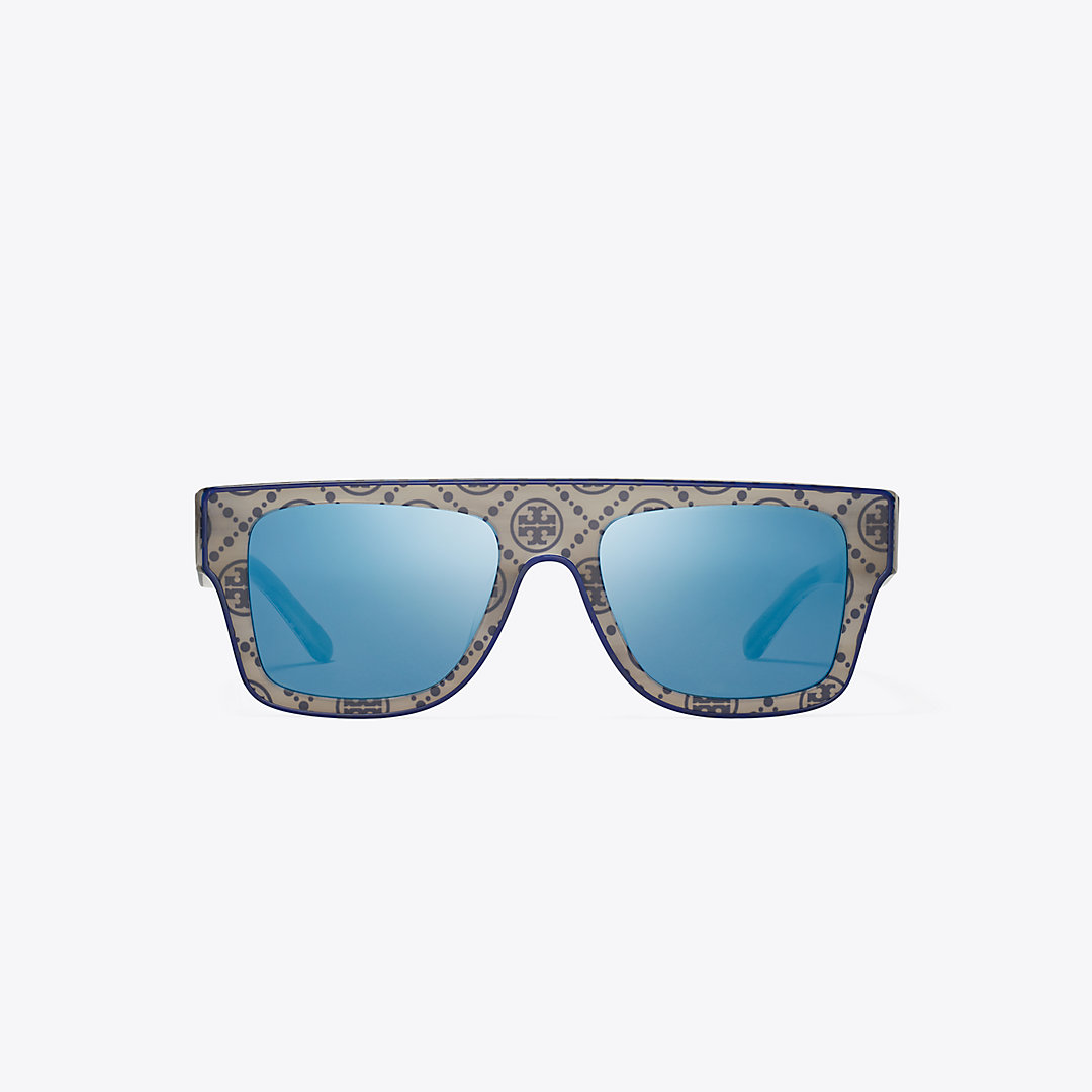 Tory Burch Oversized Geometric Sunglasses In Grey Horn W/navy Piping/navy Mirror
