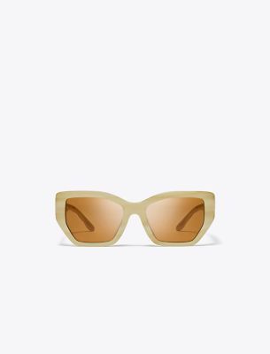Tory Burch Kira Quilted Oversized Geometric Sunglasses In Ivory Horn/solid Brown