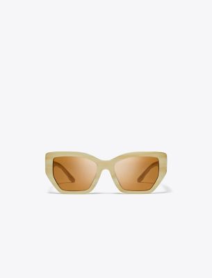 Tory Burch Kira Quilted Oversized Geometric Sunglasses In Ivory Horn/solid Brown