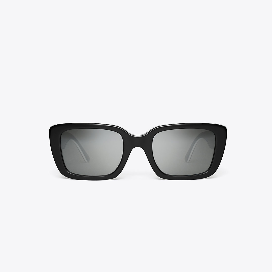 Tory Burch Miller Rectangular Sunglasses In Black White Trilayer/grey Silver Mirror