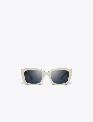 Tory Burch Miller Rectangular Sunglasses In Ivory Red Blue Trilayer/dark Blue Solid