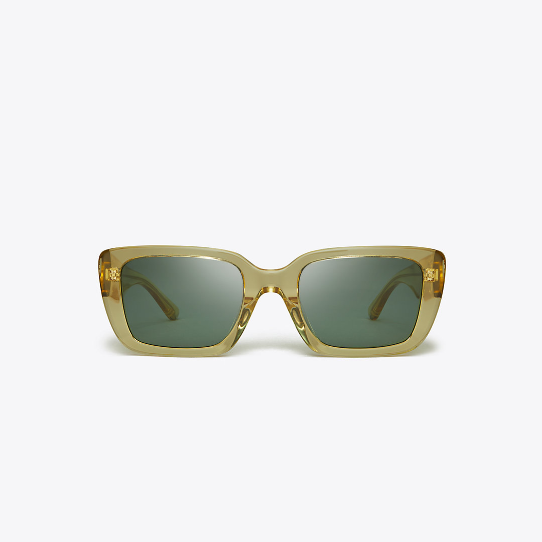 Tory Burch Miller Rectangular Sunglasses In Transparent Yellow/solid Green