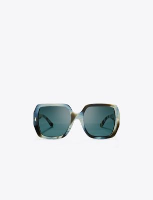 Tory Burch Miller Oversized Square Sunglasses In Ivory/brown Horn/solid Green