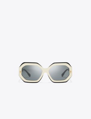 Tory Burch Miller Geometric Sunglasses In Black/ivory/dark Grey Solid