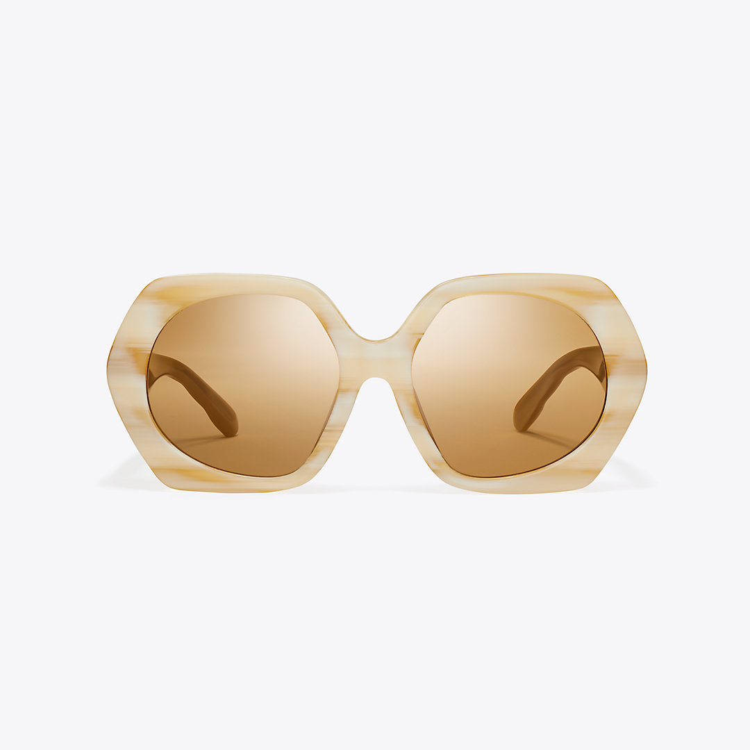 Tory Burch Kira Oversized Geometric Sunglasses In Ivory Horn/ochre