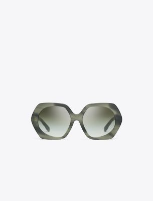 Tory Burch Kira Oversized Geometric Sunglasses In Green Horn/dark Green Clear Gradient