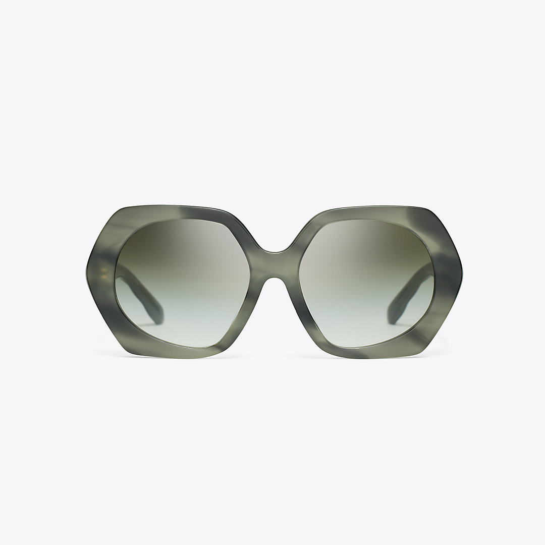 Tory Burch Kira Oversized Geometric Sunglasses In Green Horn/dark Green Clear Gradient