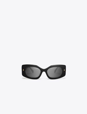 Shop Tory Burch Miller Pushed Rectangle Sunglasses In Black/dark Grey