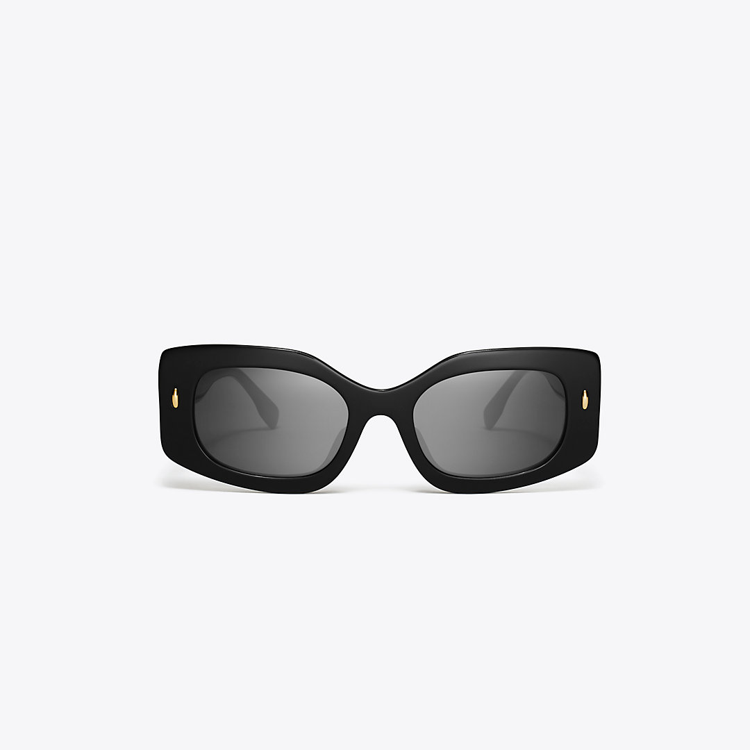 Shop Tory Burch Miller Pushed Rectangle Sunglasses In Black/dark Grey