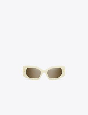 Tory Burch Miller Pushed Rectangle Sunglasses In Ivory/dark Brown