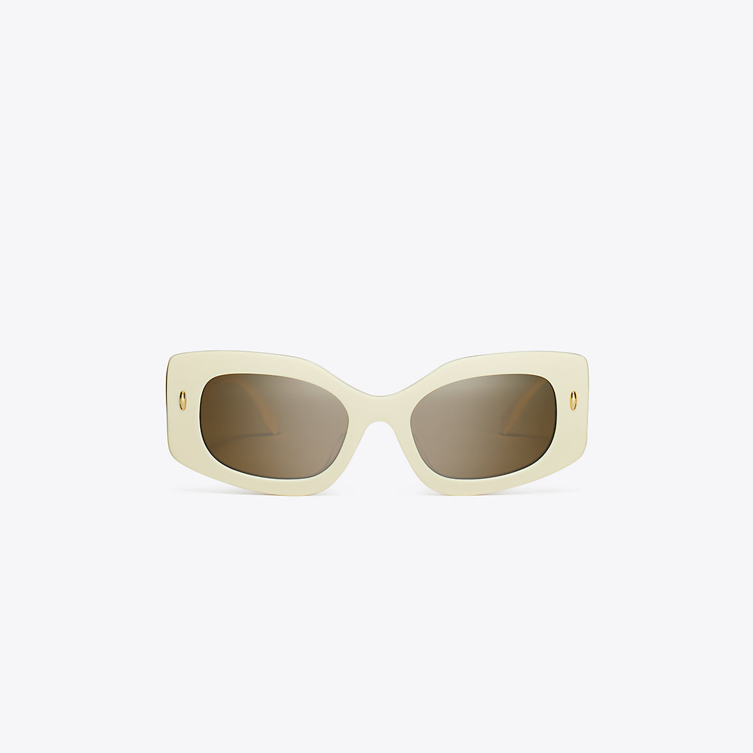 Tory Burch Miller Pushed Rectangle Sunglasses In Ivory/dark Brown