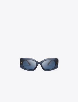 Shop Tory Burch Miller Pushed Rectangle Sunglasses In Transparent Navy/dark Blue