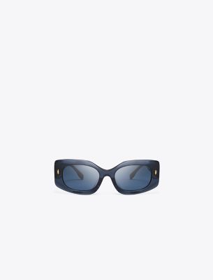 Tory Burch Miller Pushed Rectangle Sunglasses In Transparent Navy/dark Blue