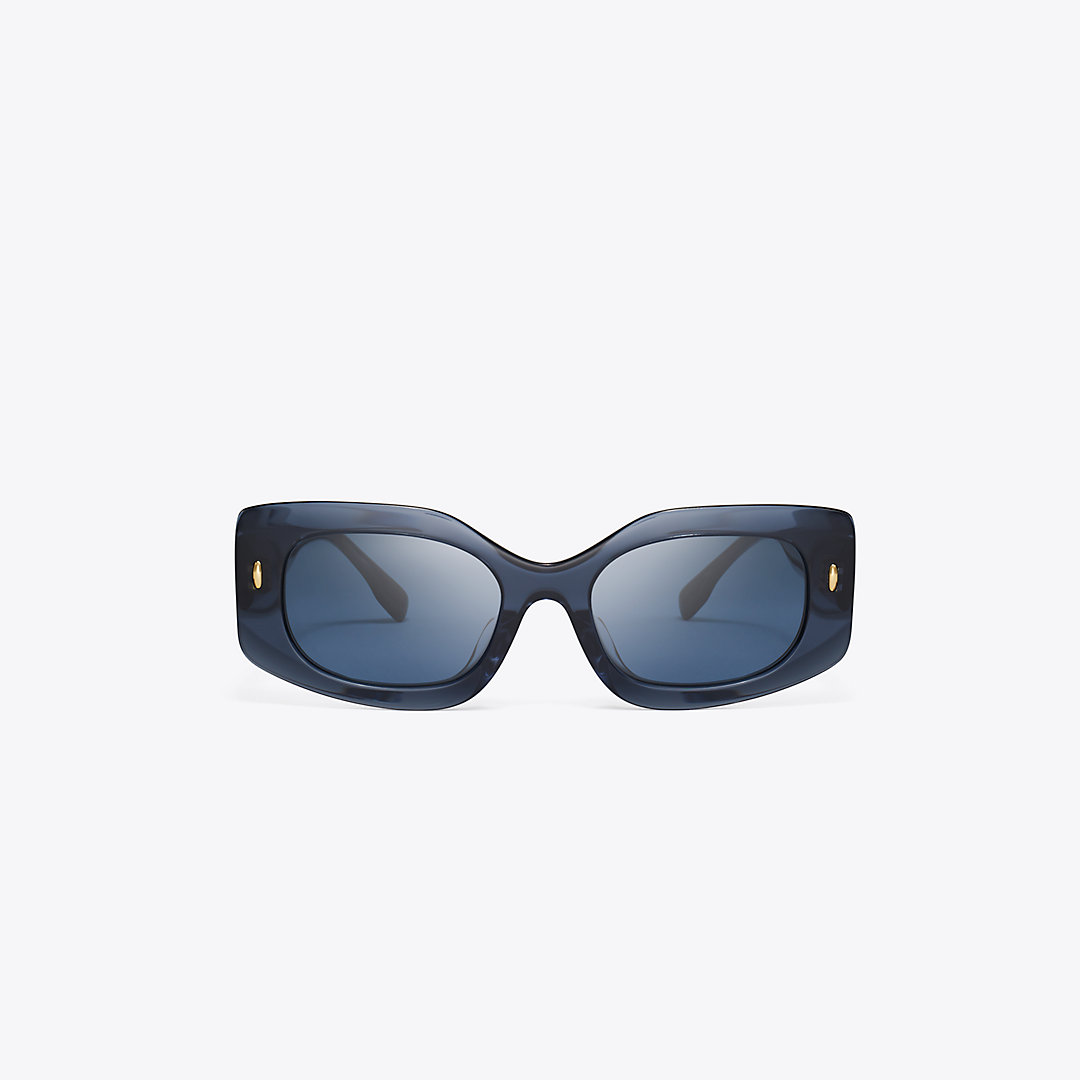 Shop Tory Burch Miller Pushed Rectangle Sunglasses In Transparent Navy/dark Blue