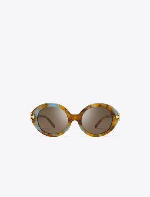Tory Burch Eleanor Oval Sunglasses In Blue Honey Tortoise/dark Brown