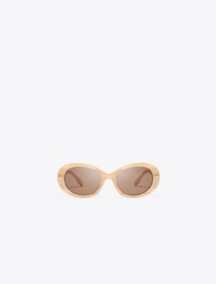 Shop Tory Burch Miller Oval Sunglasses In Nude Stripe/dark Brown