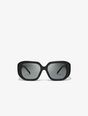 Shop Tory Burch T Monogram Geometric Sunglasses In Black/grey Gradient