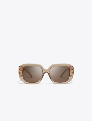 Tory Burch T Monogram Geometric Sunglasses In Transparent Brown/brown