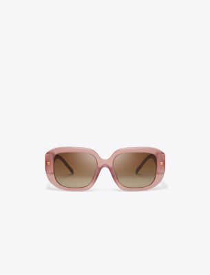Tory Burch T Monogram Geometric Sunglasses In Milky Wine Pink/brown Mirror